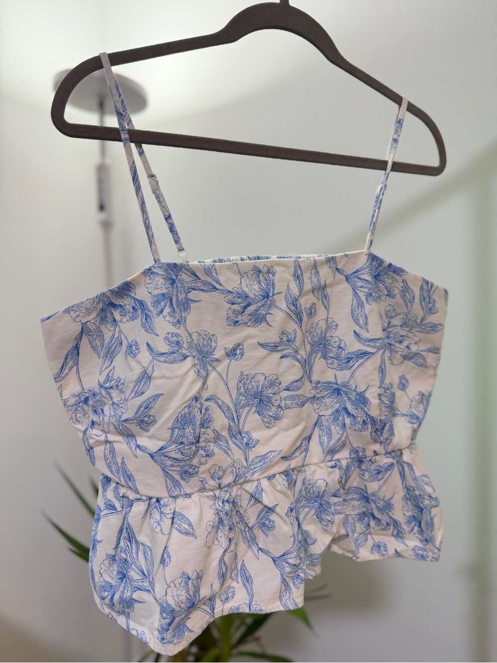 Floral Blue & White Spaghetti Strap Peplum Top